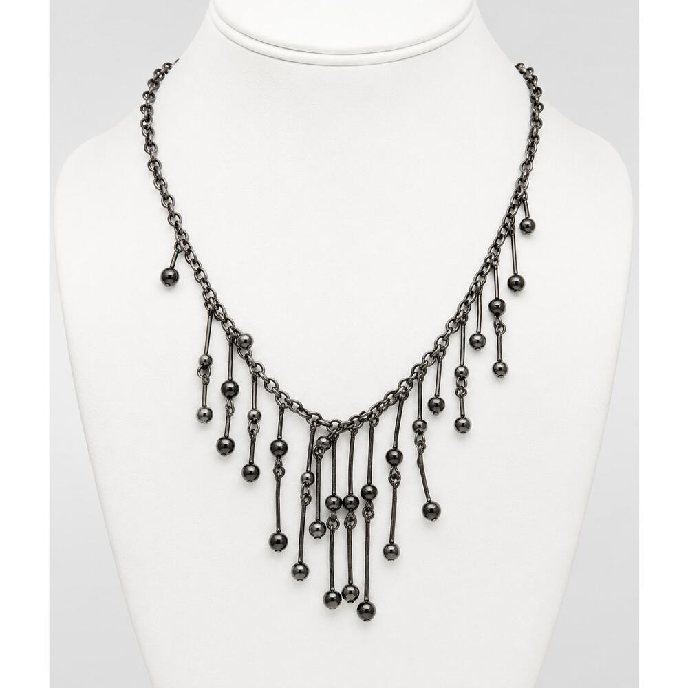 Black Beaded Fringe Bib Necklace Goth Victorian Glass Adjustable 18" ‎ bk01-36